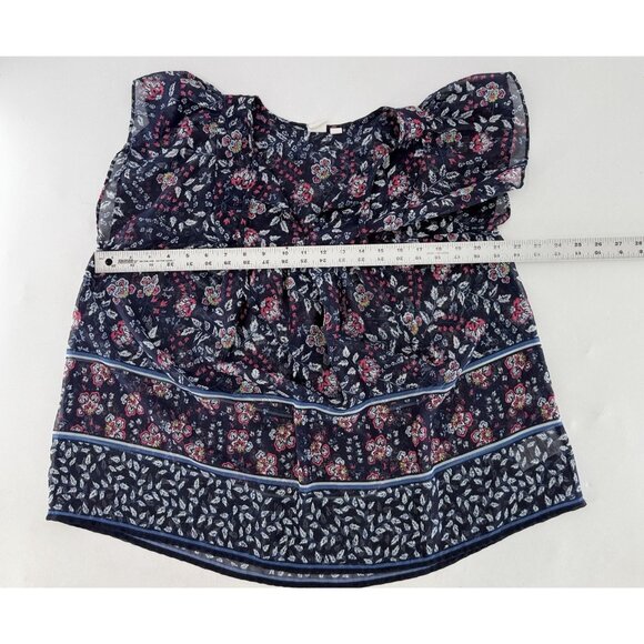 GAP Tie Neck Sheer Chiffon Blue Floral Flutter Sleeve Blouse Sz L Preppy Boho - Picture 8 of 8